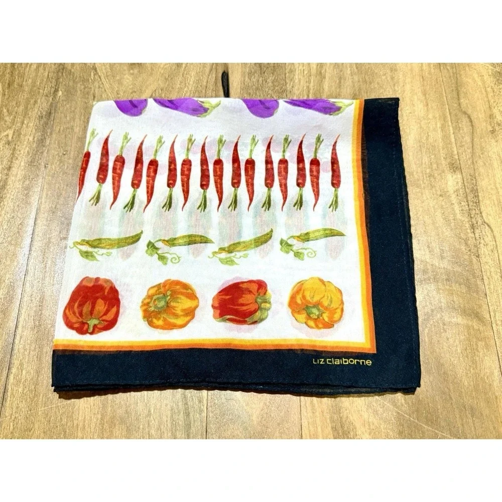 Liz Claiborne Vintage Vegetable Silk Scarf Black Border Novelty Garden Print 80s